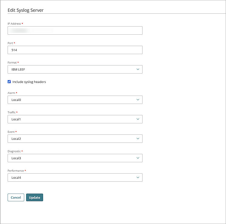 Screen shot of the Syslog Server configuration